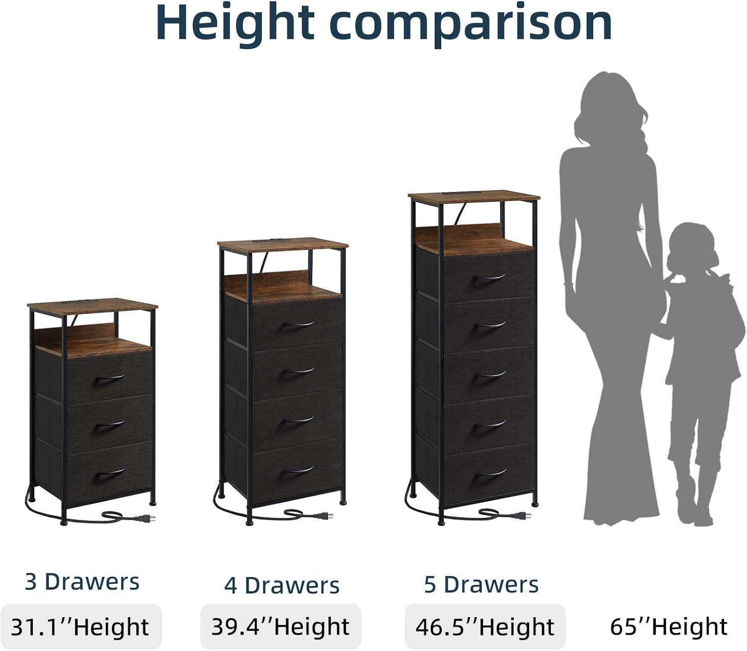 Eunos Black Dresser for Bedroom, 4 Drawer Nightstand with Charging Station, LED and Open Shelf