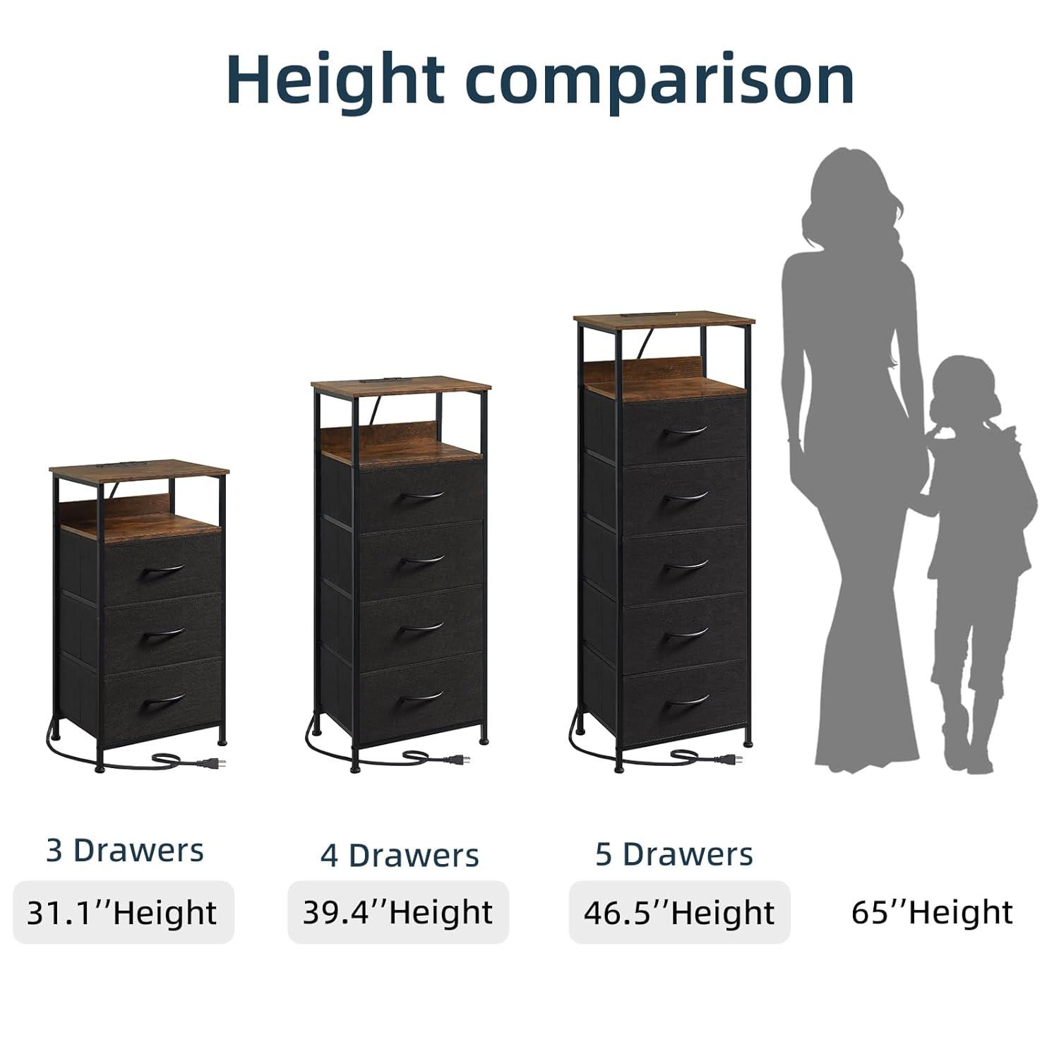 Eunos Black Dresser for Bedroom, 4 Drawer Nightstand with Charging Station, LED and Open Shelf