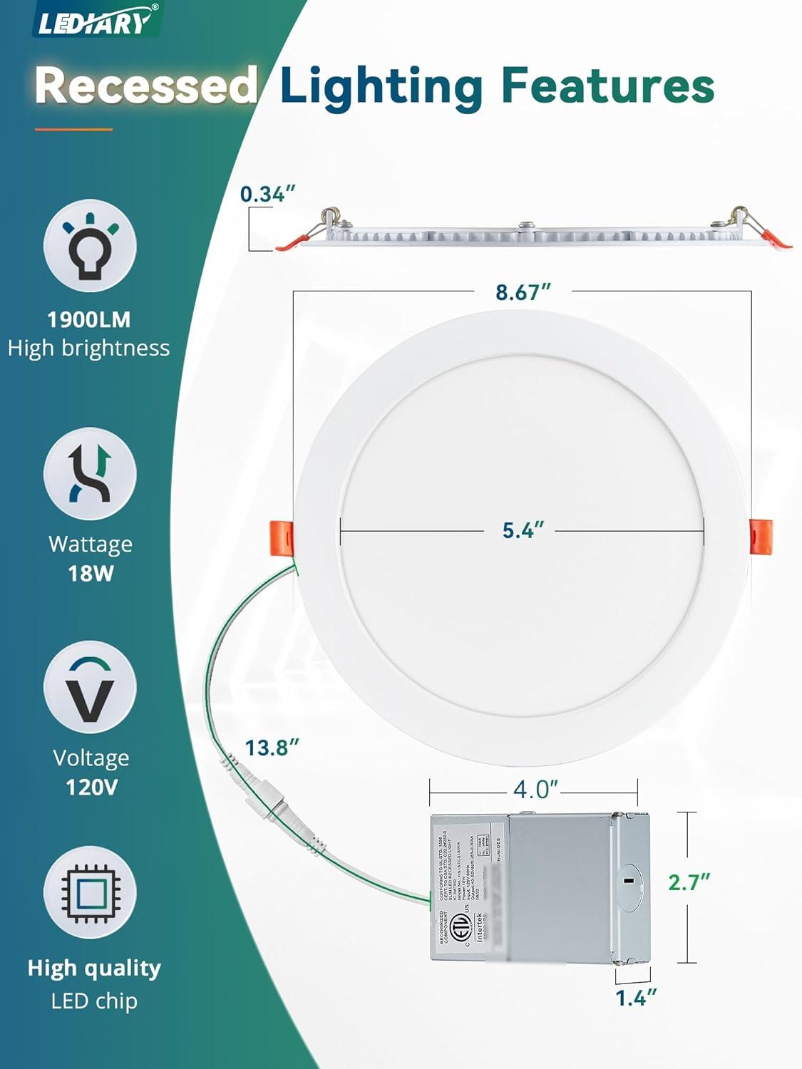 8-Inch White Ultra-Thin LED Recessed Ceiling Lights with Jbox