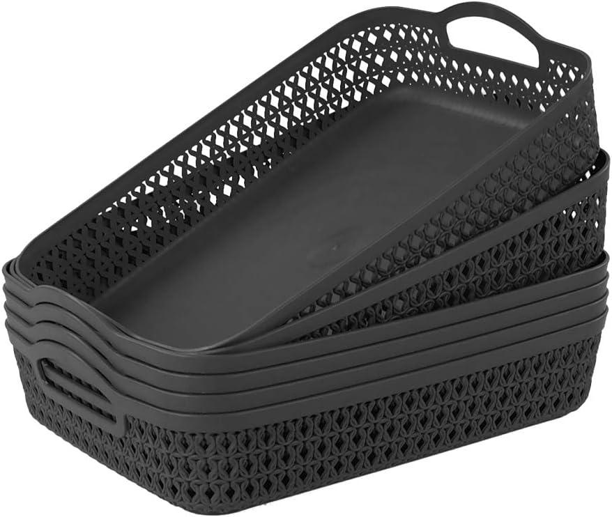 6 Packs Large Plastic Storage Basket Tray with Handle, Shallow Paper Storage Basket, Gray