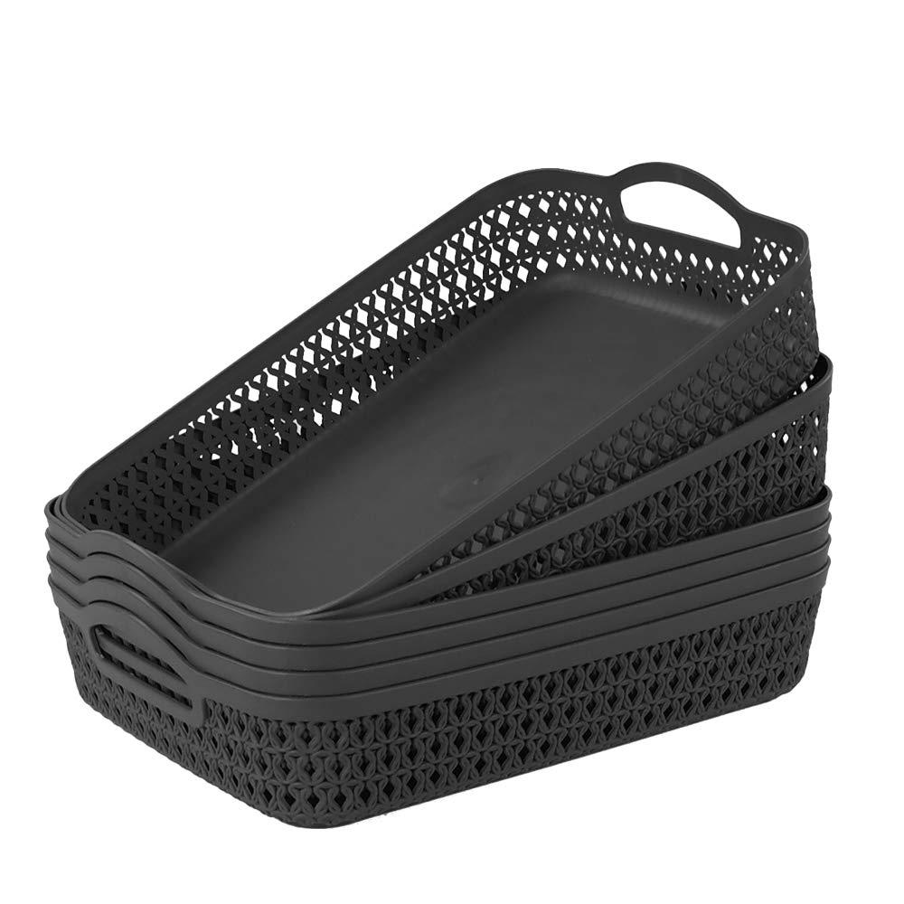 6 Packs Large Plastic Storage Basket Tray with Handle, Shallow Paper Storage Basket, Gray