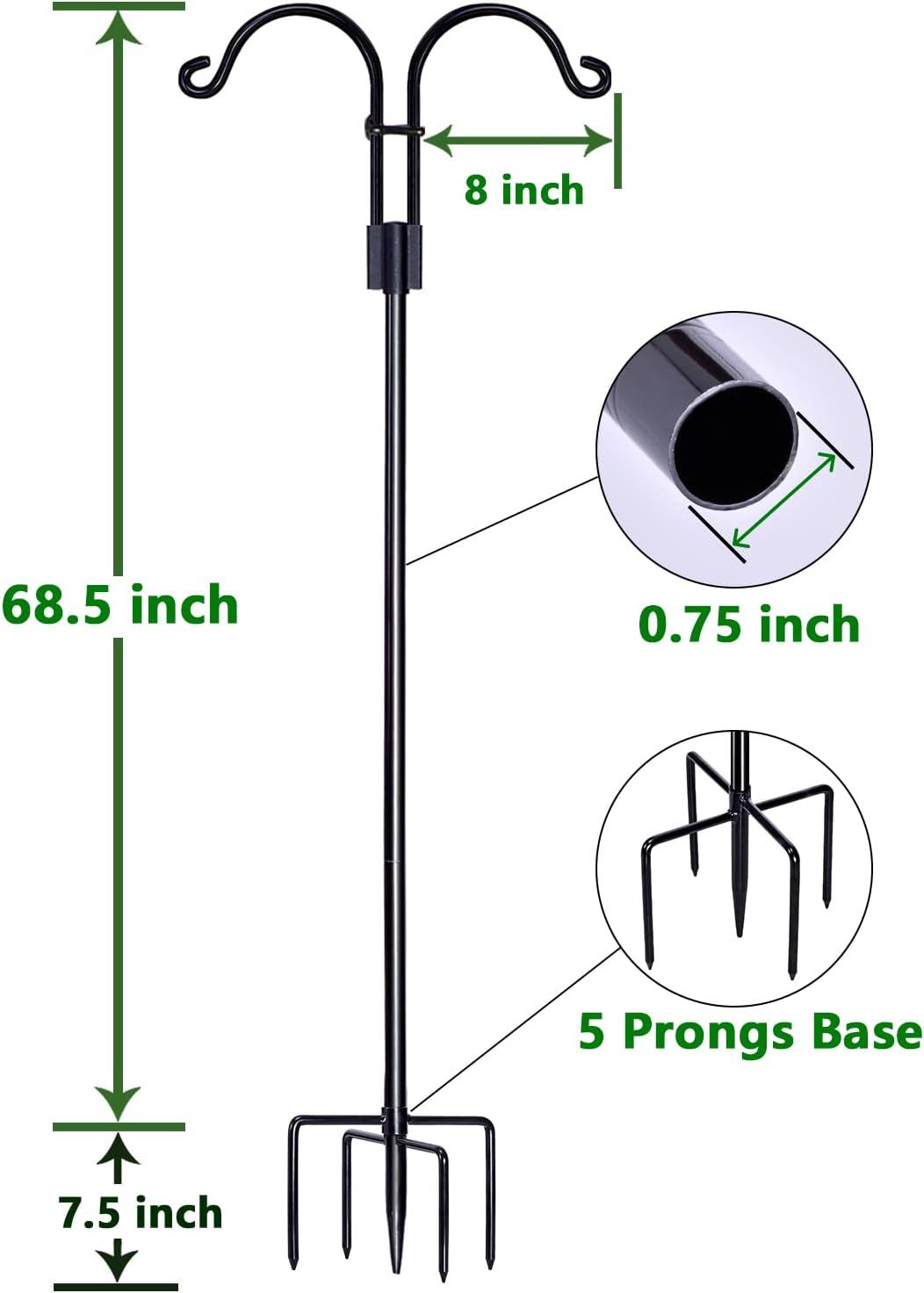 AOWOO Double Shepherds Hooks for Outdoor, 76 Inch Bird Feeder Pole with 5 Prongs Base, Adjustable Shepherd Hook 2-Pack Heavy Duty Two Sided Garden Pole for Hanging Bird Feeders, Plant Baskets, Black