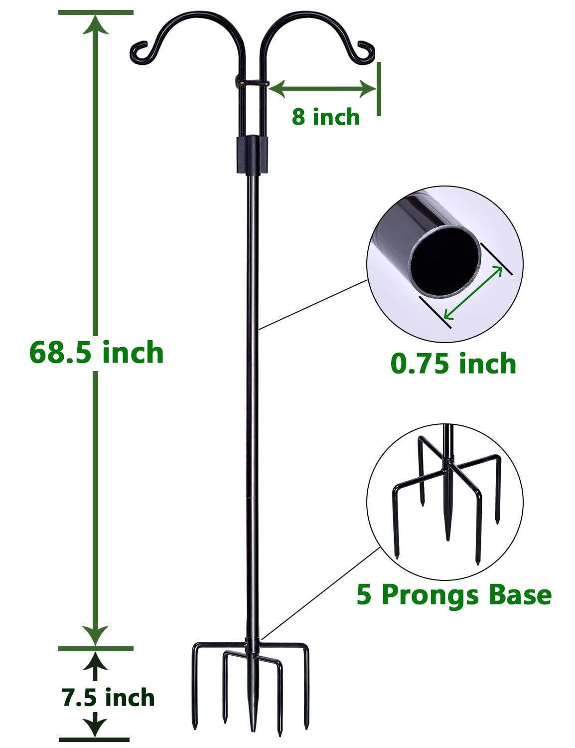 AOWOO Double Shepherds Hooks for Outdoor, 76 Inch Bird Feeder Pole with 5 Prongs Base, Adjustable Shepherd Hook 2-Pack Heavy Duty Two Sided Garden Pole for Hanging Bird Feeders, Plant Baskets, Black