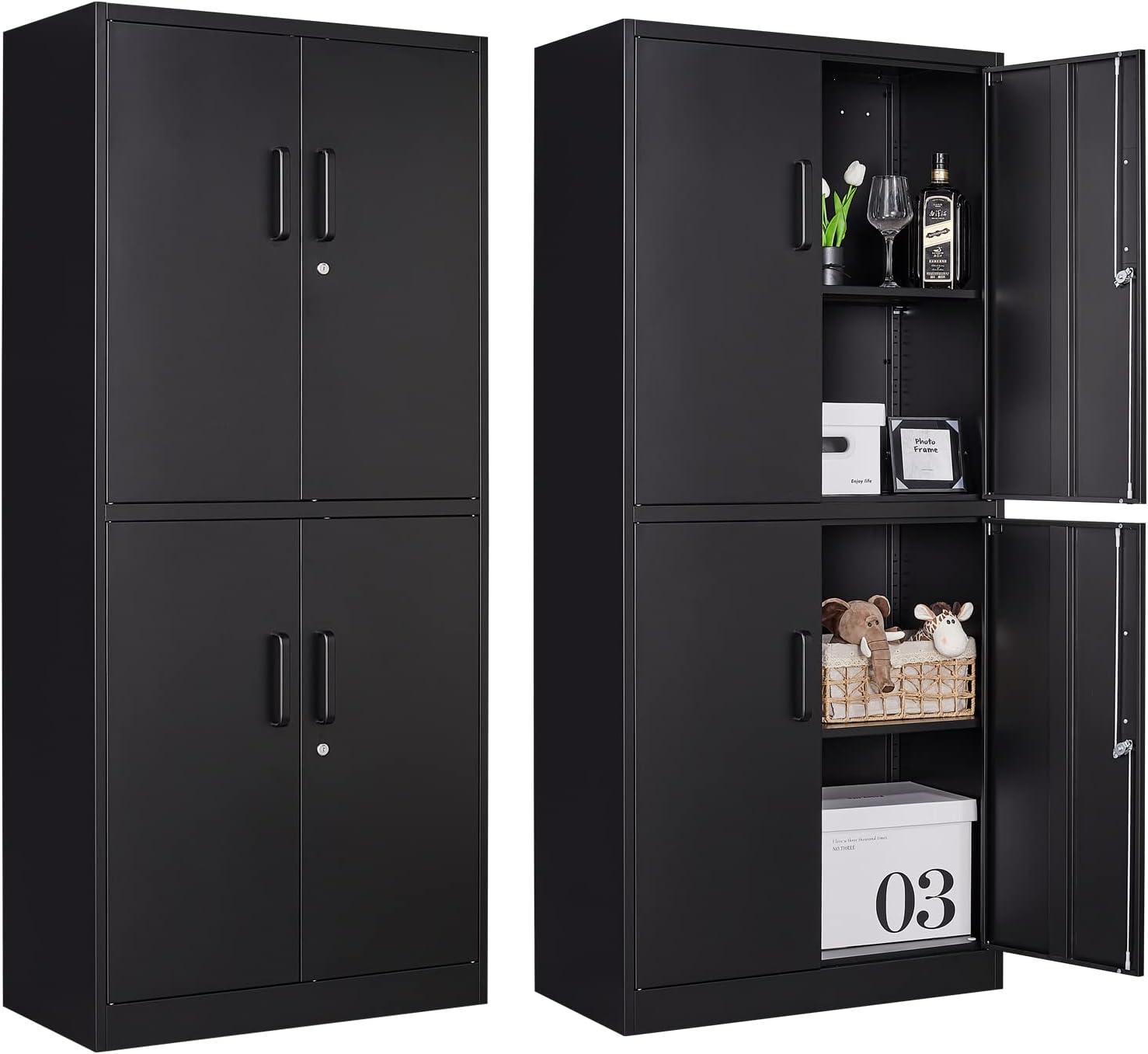 Metal Storage Cabinets with Drawer and Adjustable Shelves, Lockable Storage Cabinet for Pantry Home Office Garage Kitchen Living Dining Room (Black)