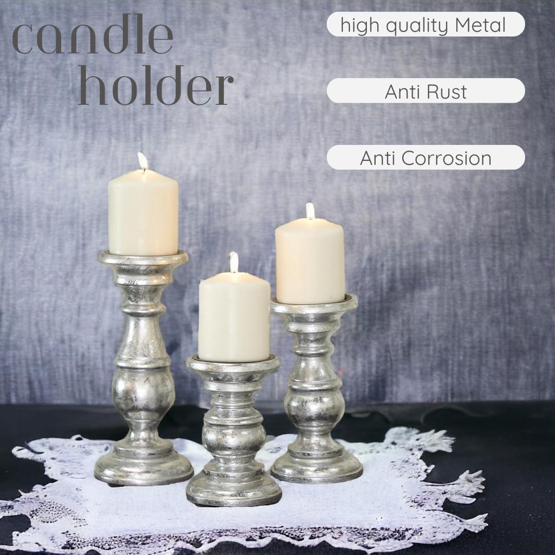 AULIYA Wooden Candle Holders Pillar Candles Holder Rustic Wood Stand Decorative Polish Candlestick Set of 3 for Home Decor - 6" 8" 10" Silver