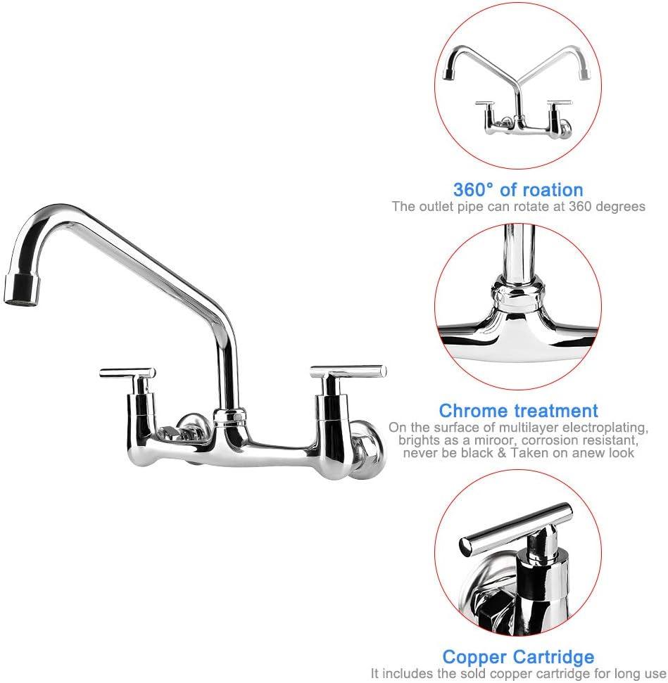 Wall Mount Faucet with 12" Swivel Spout, 8" Center Commercial Restaurant Sink Faucet 2 Handle Wall Mount Utility Sink Faucet for Compartment Sink & Home Kitchen Sink, Chrome Finish