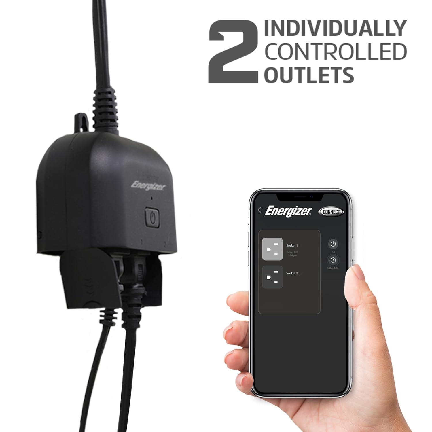 Energizer Smart Outdoor Plug: Water-Resistant, UL Listed, Black, Push Button, 600W, Plastic, No Hardwired Installation