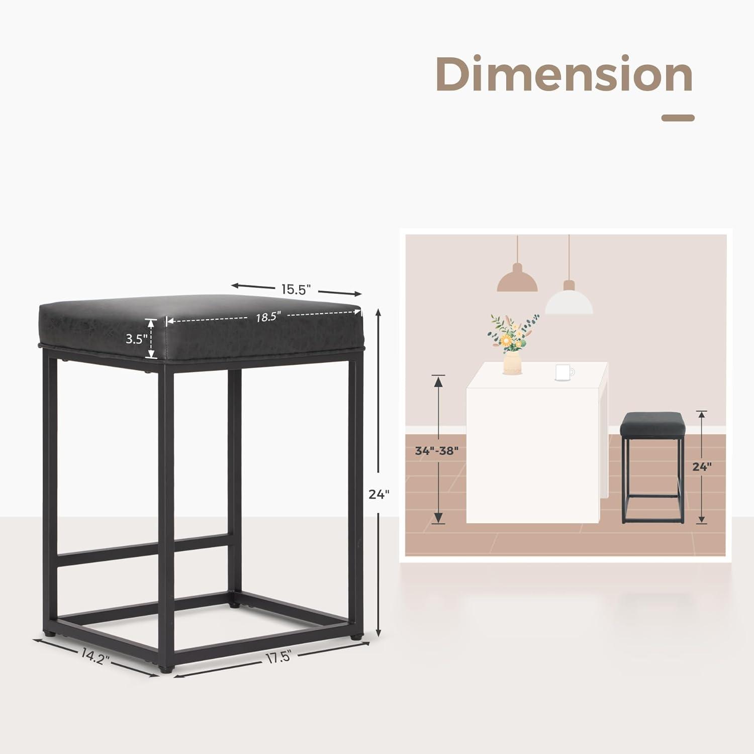 Lorelia Set of 2 Black 24 Inch Backless Counter Bar Stools Faux Leather Seat for Kitchen