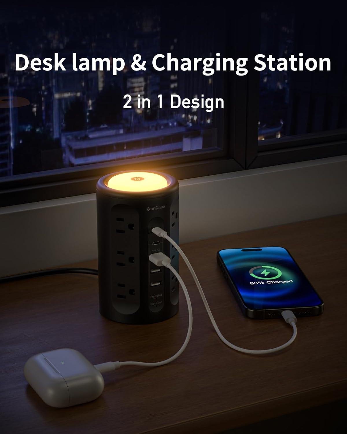 Power Strip Tower with Night Light, Power Strip Surge Protector with USB Ports, Extension Cord 10 FT with Multiple Outlets (12AC+3A+2C) for Home Office Desk DormRoom (Black)