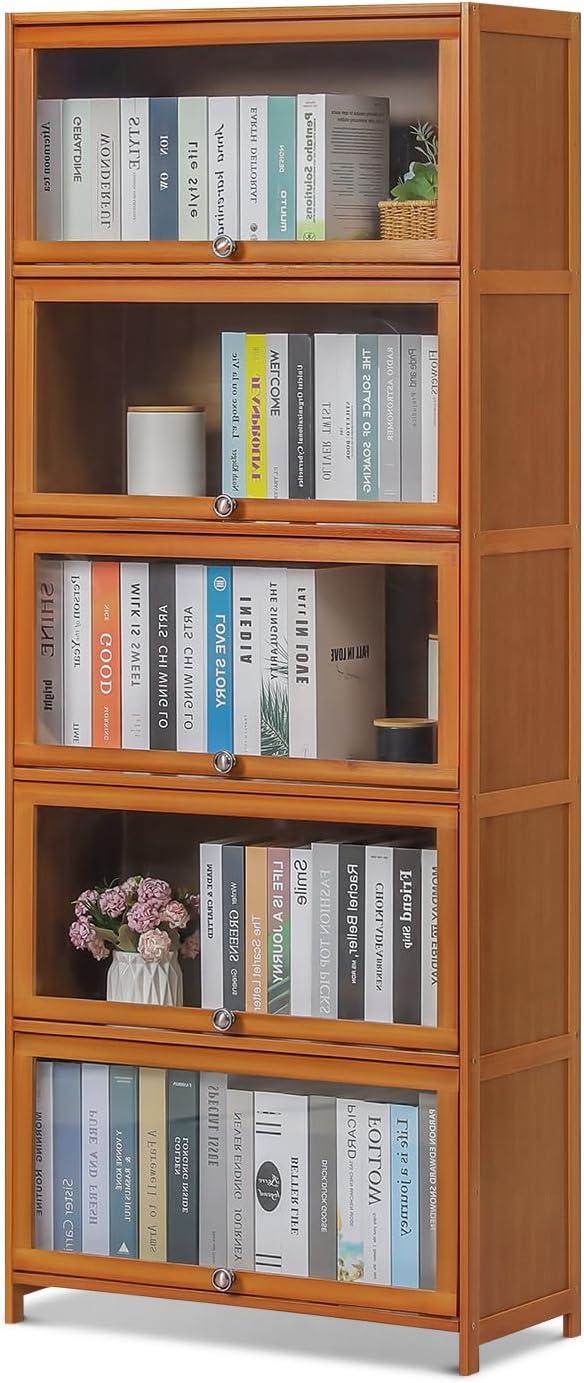 Magshion Bamboo/Acrylic 3 Shelves Bookshelf, with Transparent Door Bookcase, Brown, for Home