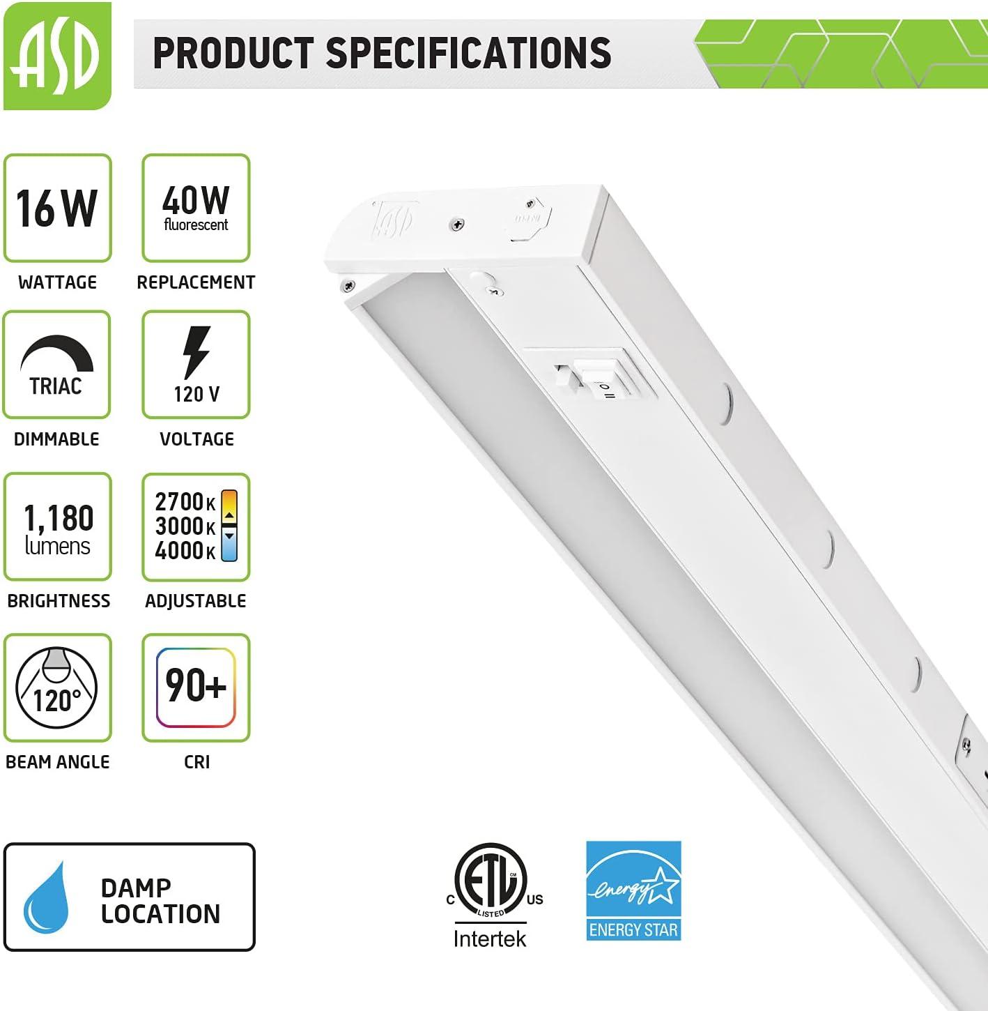 ASD Swivel LED Under Cabinet Lighting, 32 Inch 16W, Hardwired or Plug-in, 2700K/3000K/4000K Selectable, Rotatable Lens, Dimmable Linkable Under Counter Light for Kitchen, ETL & Energy Star