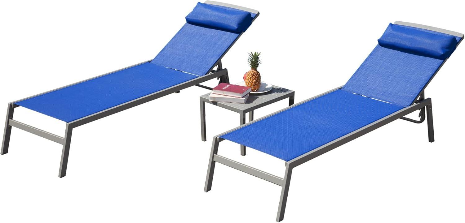 Blue Aluminum Armless Chaise Lounge Set with Side Table