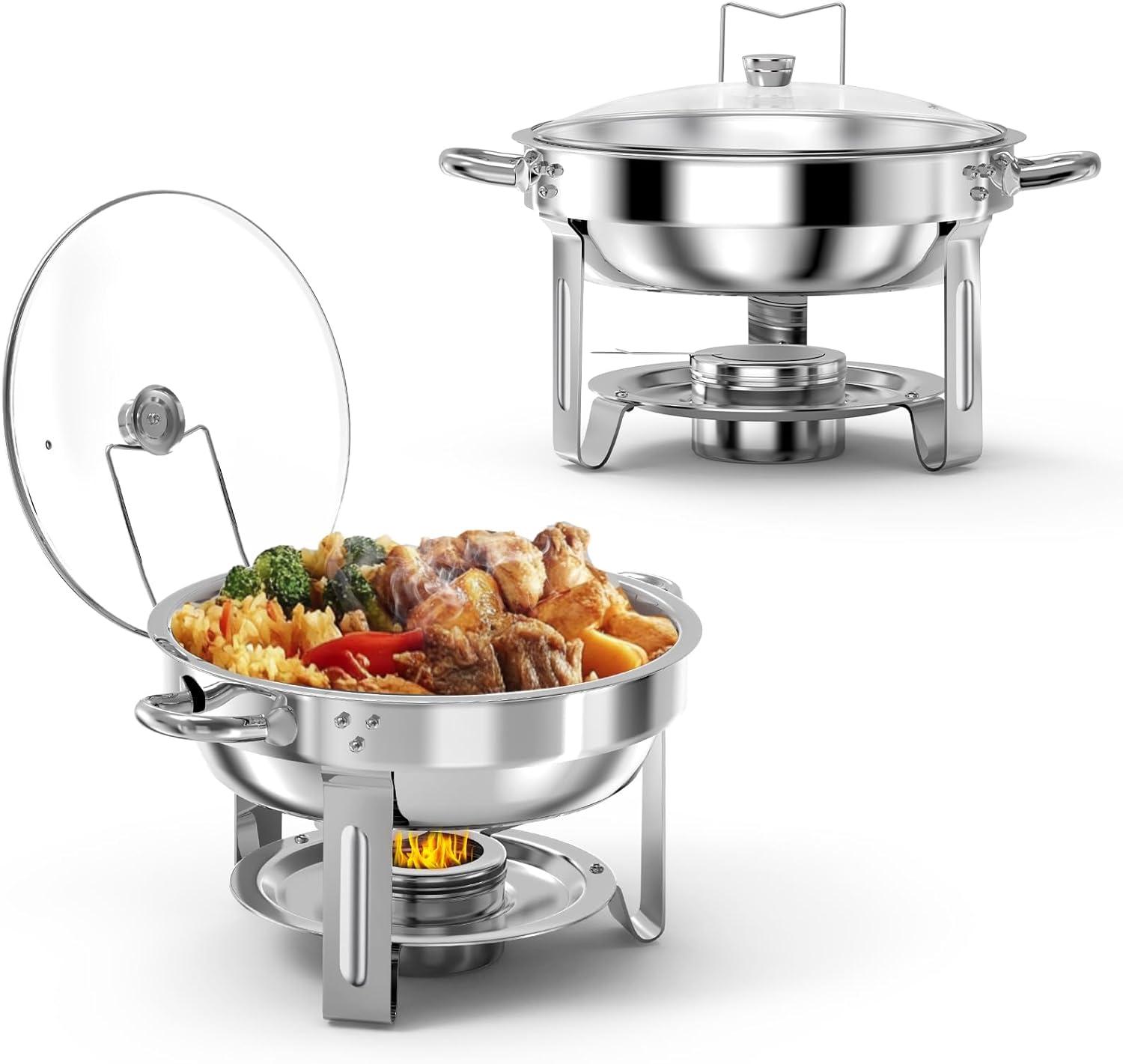 WhizMax Chafing Dish Buffet Set 2 Pack 5QT, Stainless Steel Round Chafing Dishes for Buffet with Lid Holder & Glass Lid, Gold