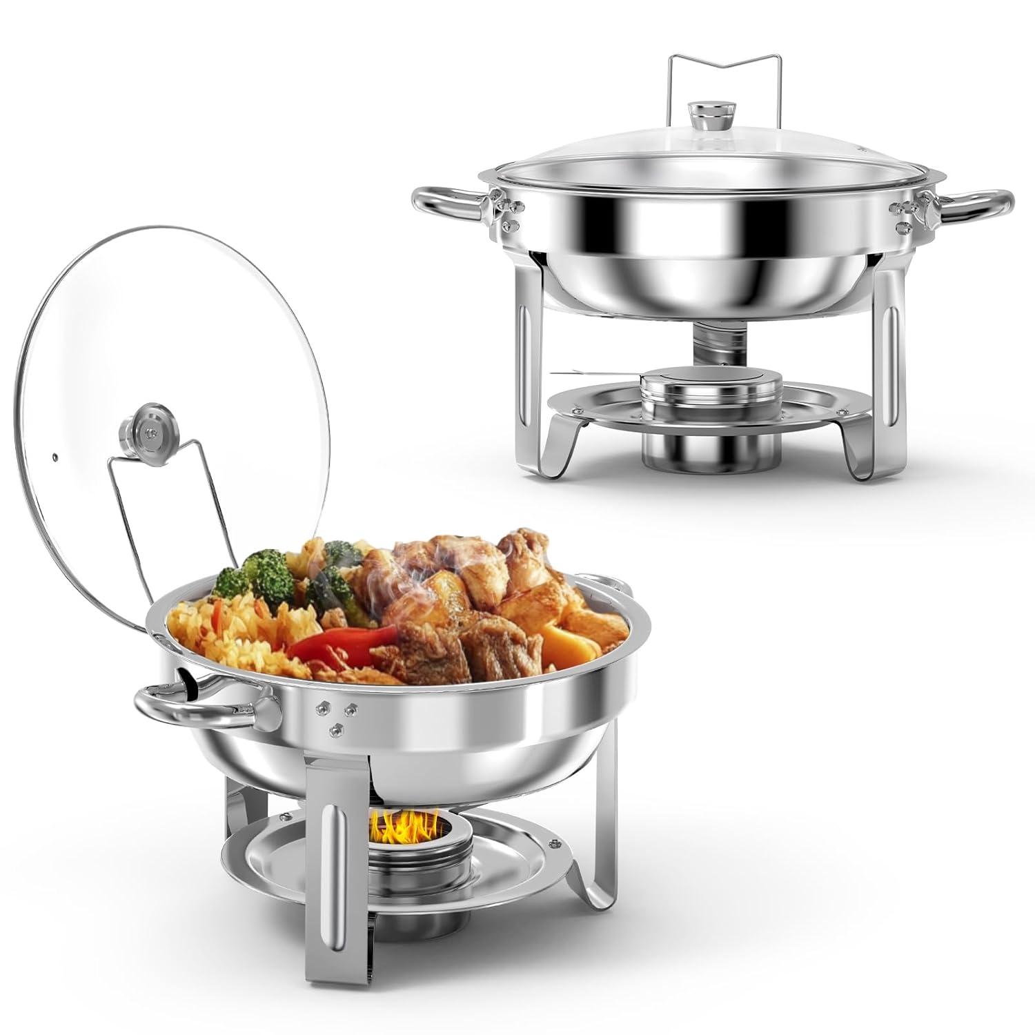 WhizMax Chafing Dish Buffet Set 2 Pack 5QT, Stainless Steel Round Chafing Dishes for Buffet with Lid Holder & Glass Lid, Gold