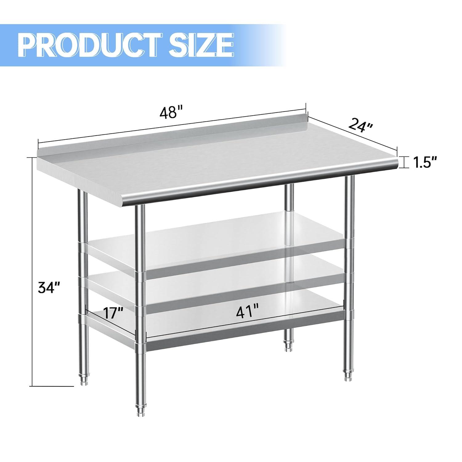 JINSEED Stainless Steel Work Table with Backsplash, 48 x 24 inch Commercial Food Prep Worktable, Heavy Duty Work Table for Kitchen, Restaurant, Hotelh