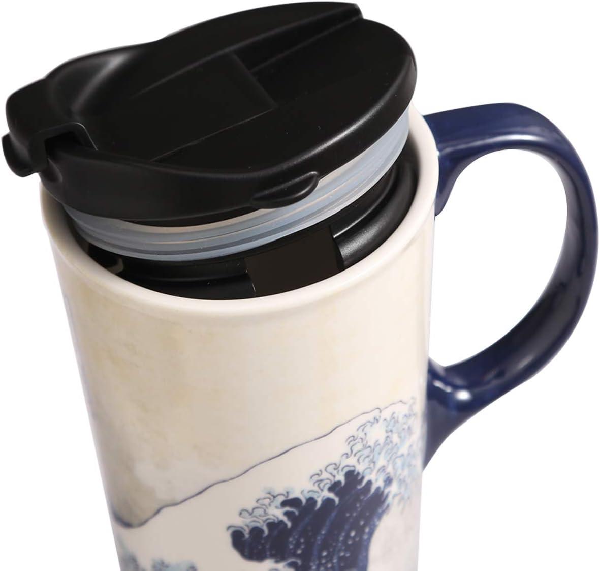 Ceramic Travel Mug Porcelain Coffee Cup with Spill-proof Lid and Box, 17 Oz.