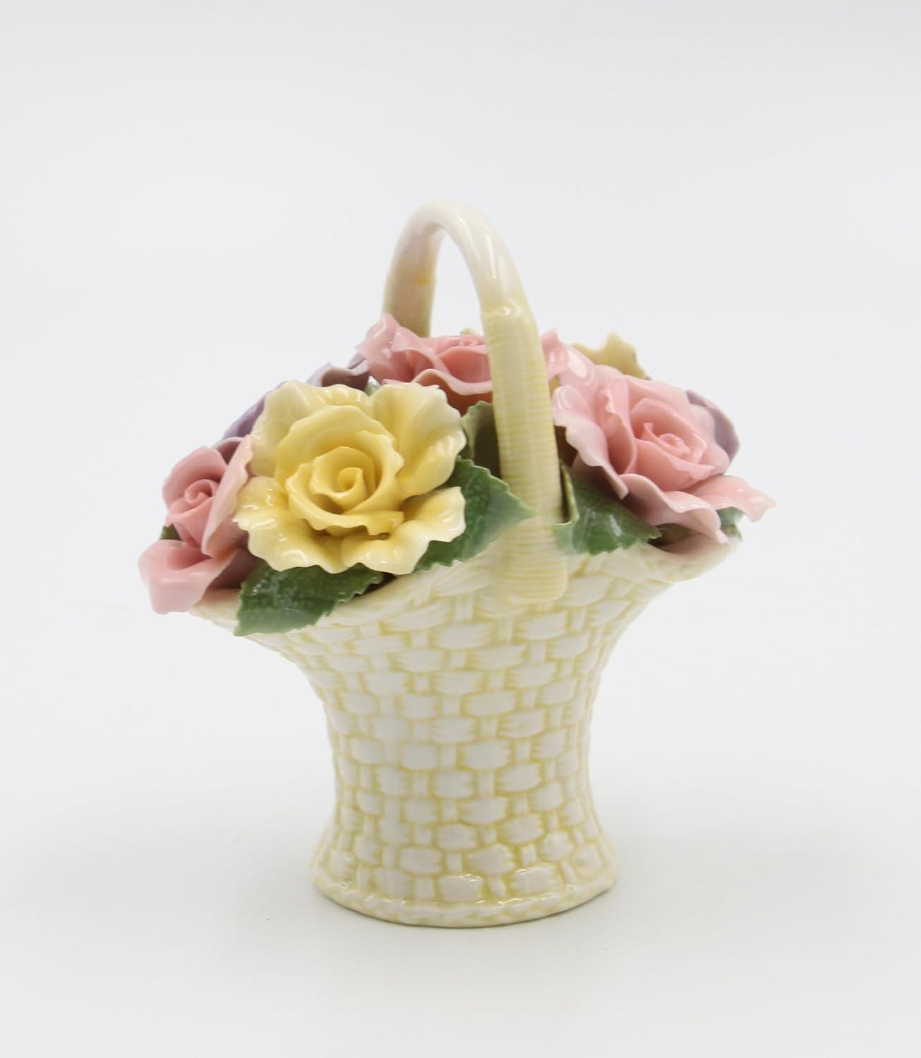 Kevins Gift Shoppe Ceramic Rose Flowers Basket Figurine
