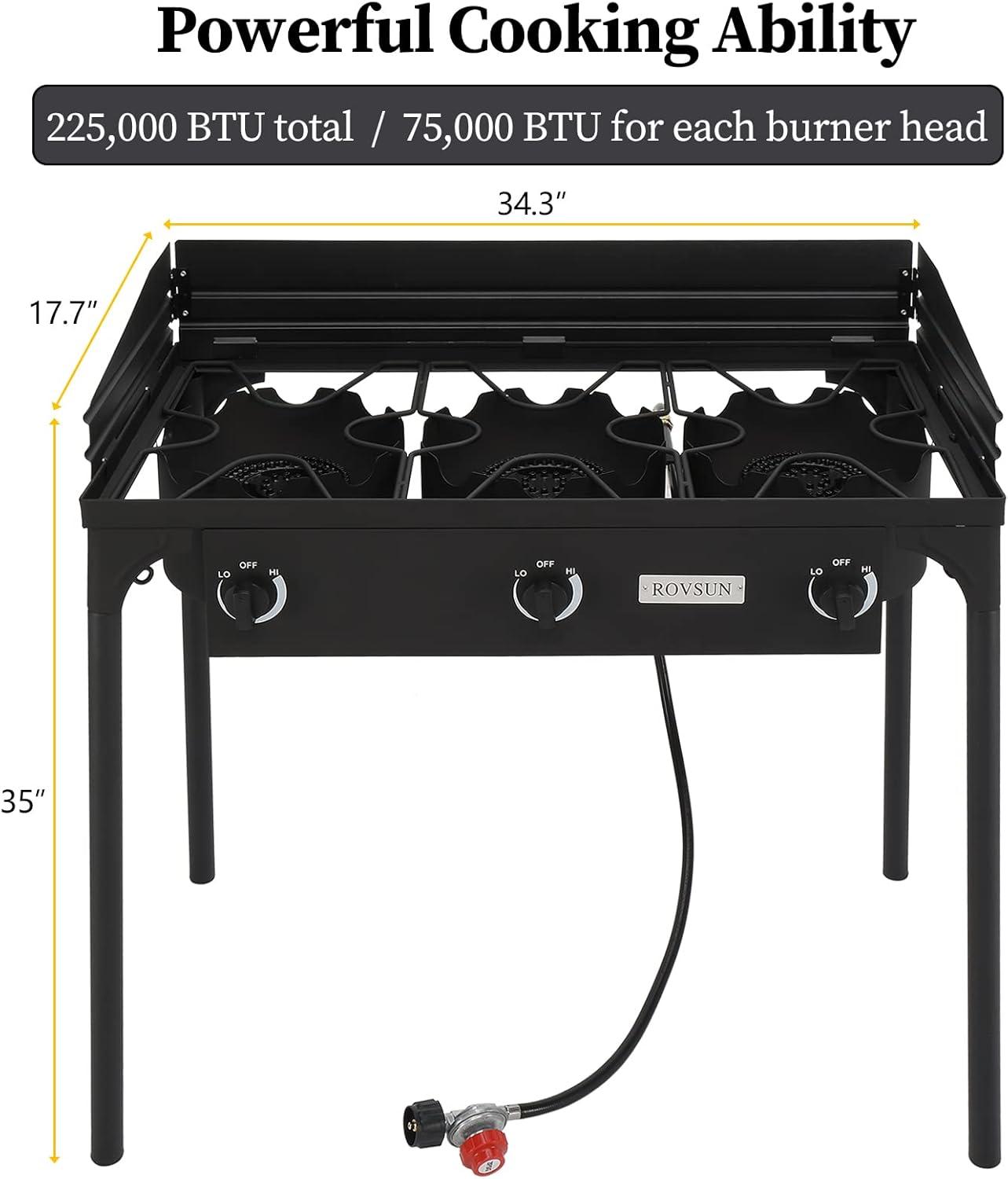 Bonnlo 3-Burner Outdoor Portable Propane Burner Stove 225,000-BTU Gas Cooker with Windscreen & Carrying Bag, Heavy Duty Iron Cast Patio Burner with Detachable Stand Legs for Camp Cooking