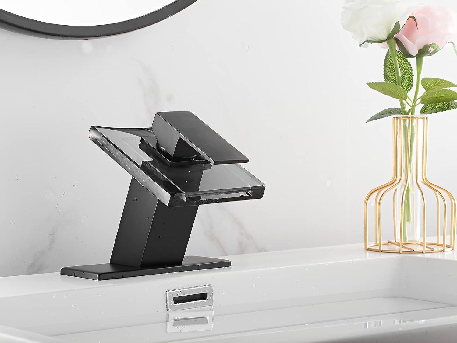 Matte Black Bathroom Faucet with Glass Waterfall Design, Single Handle for Sink, Modern Vanity Faucets with Supply Lines, Lavatory Basin Bath Mixer Tap, Deck Mounted
