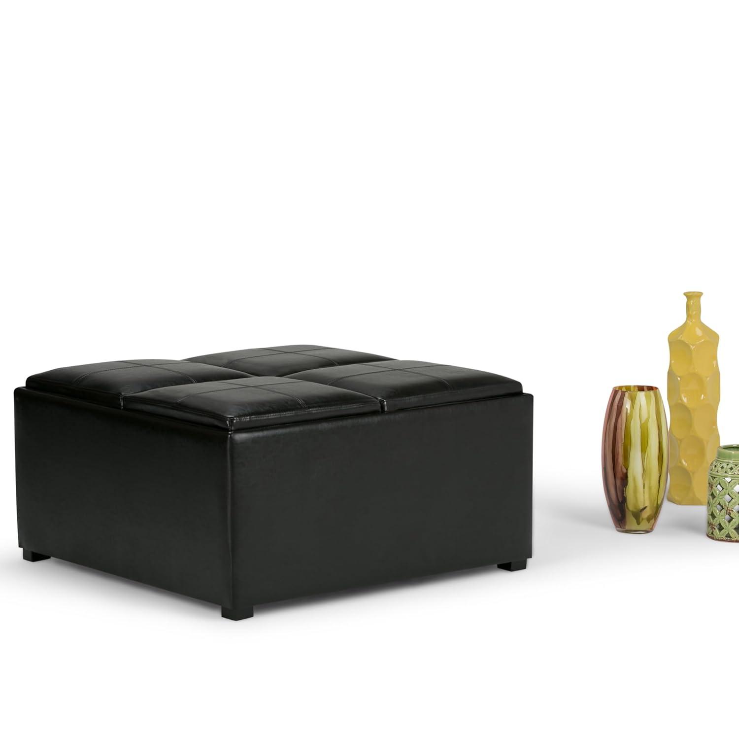 Simpli Home Avalon 35"W Upholstered Square Coffee Table Storage Ottoman with Flip-Over Trays