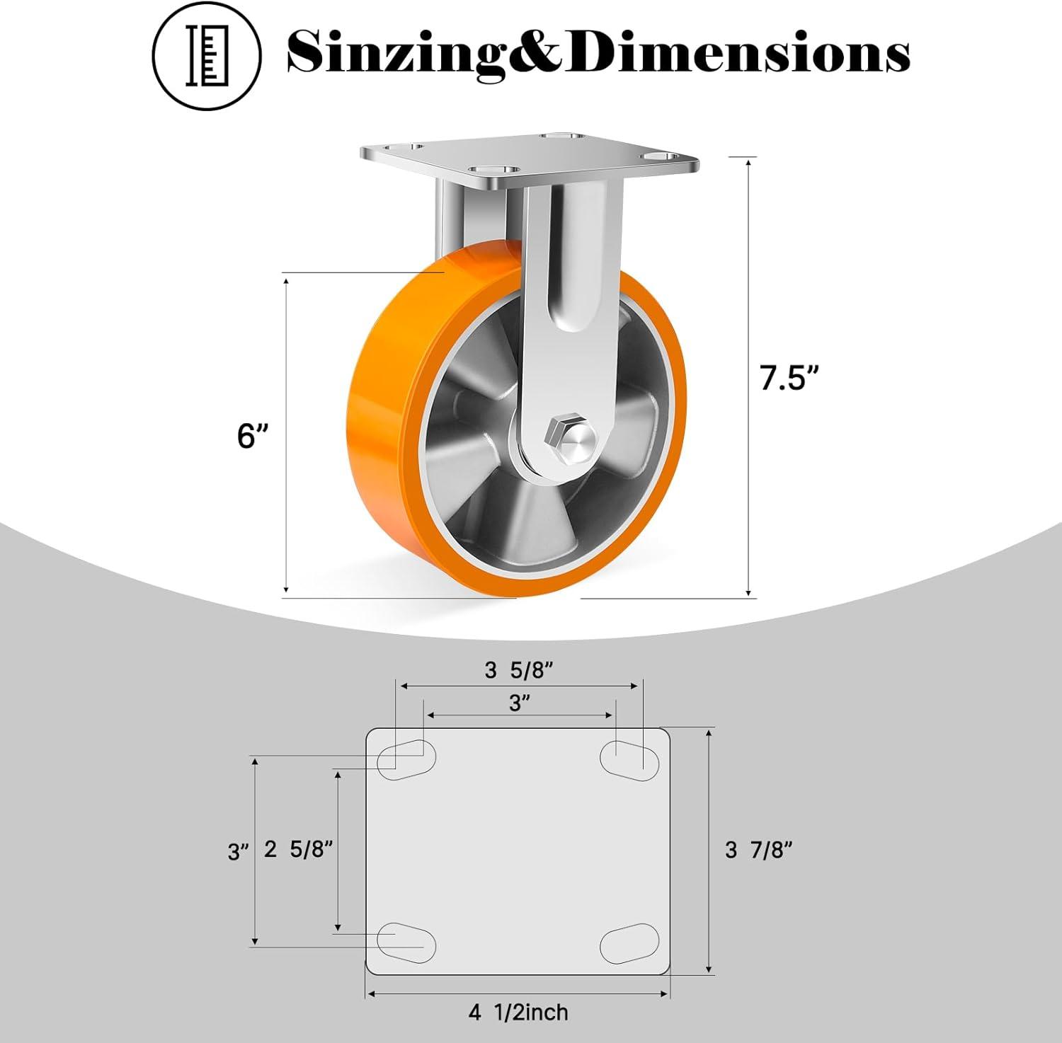 W B D WEIBIDA 6 Inch Industrial Fixed Casters (2 Pack), Maintenance-Free Polyurethane on Aluminum Wheels, Heavy Duty Casters Wheels 2500 Lbs, Industrial Rigid Casters for Hand Truck, Cabinet