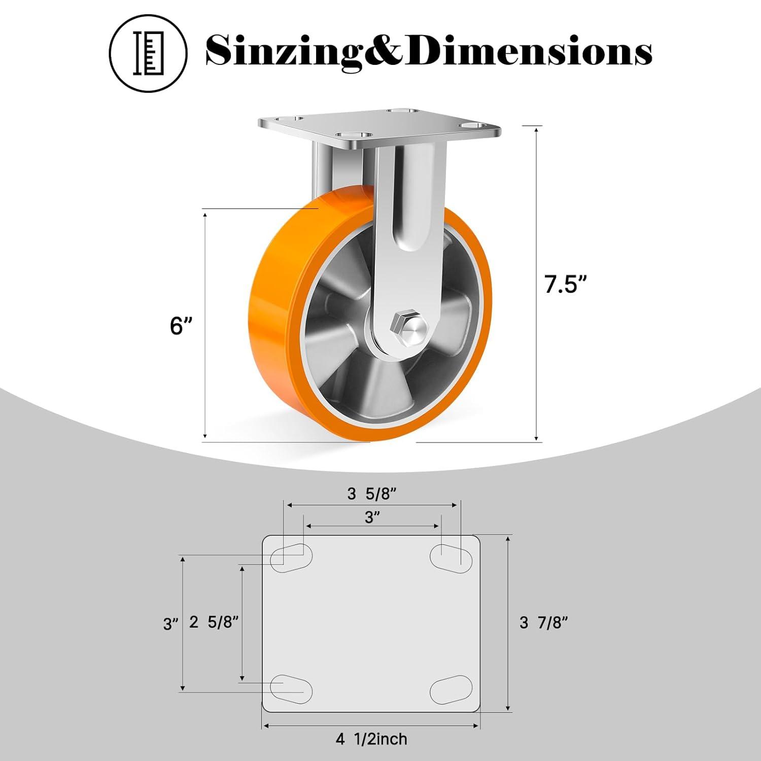 W B D WEIBIDA 6 Inch Industrial Fixed Casters (2 Pack), Maintenance-Free Polyurethane on Aluminum Wheels, Heavy Duty Casters Wheels 2500 Lbs, Industrial Rigid Casters for Hand Truck, Cabinet