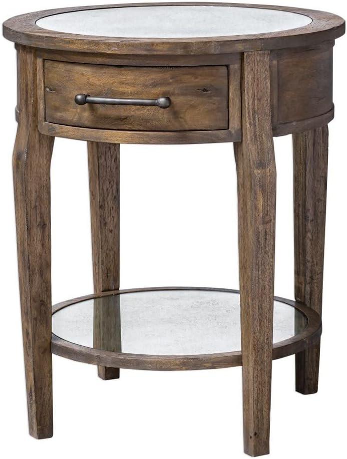 Rustic Brown Round Wood and Glass Side Table with Storage