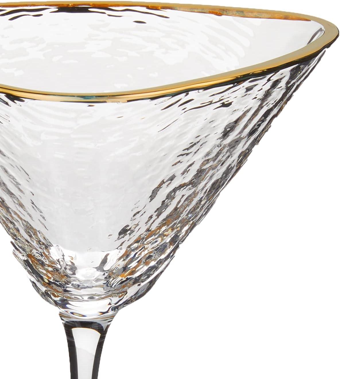 Sisterly Drinkware Clear Hammered Martini Glasses Set of 2 – Handmade Gold Rim Cocktail Glasses with 2 Gold-Plated Picks & 2 Coasters – 8 oz Elegant Barware for Martinis, Cocktails & Mocktails