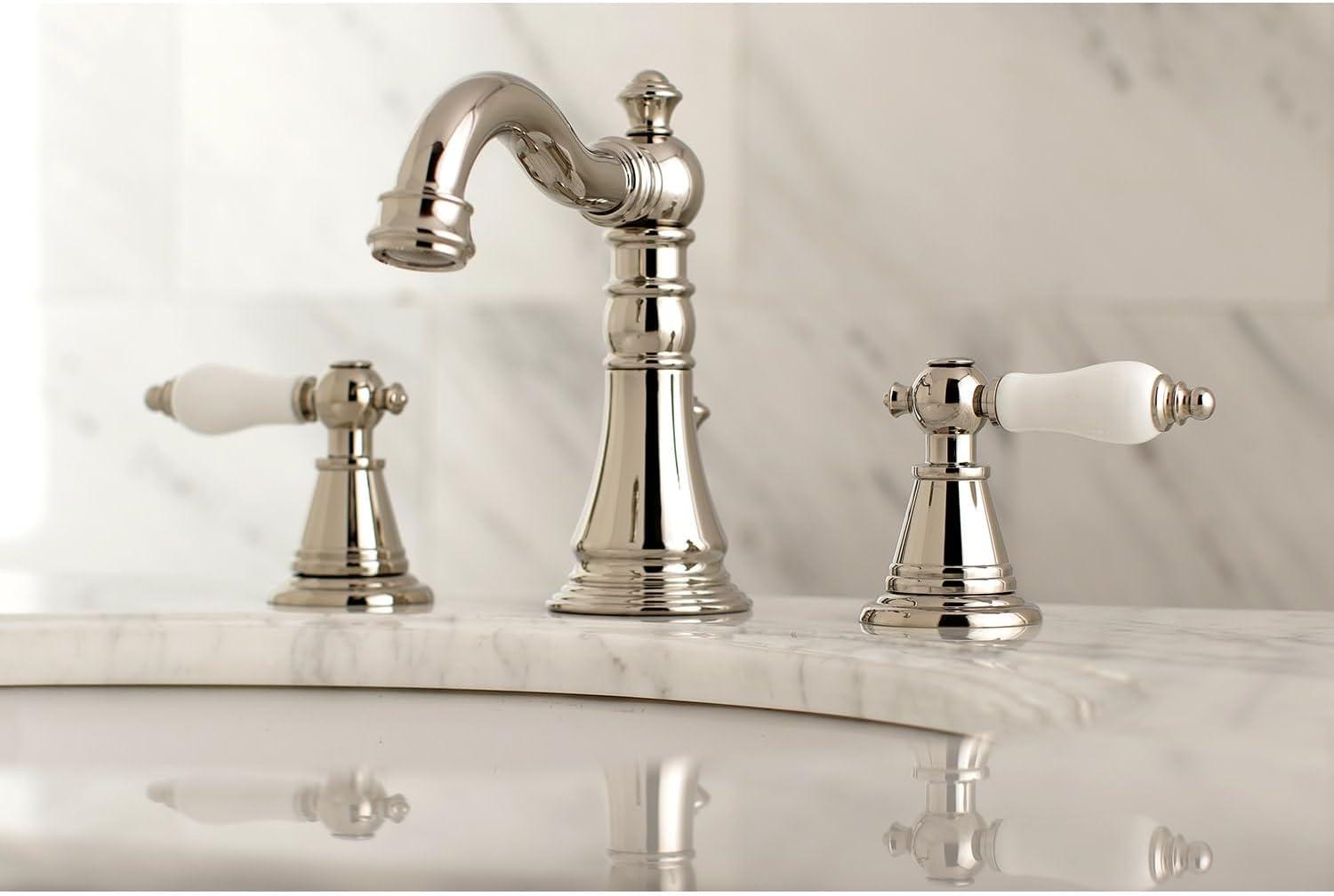 Kingston Brass English Classic Two-Handle 3-Hole Deck Mount Widespread Bathroom Faucet with Brass Pop-Up Drain