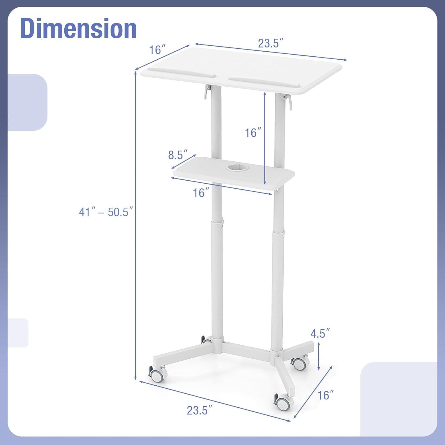 Giantex Mobile Laptop Podium, Height Adjustable Standing Desk with Storage Tray, Tilting Desktop, Home Office Classroom Pulpit Stand Up Desk, Rolling Laptop Cart Lecterns & Podiums for Church, White