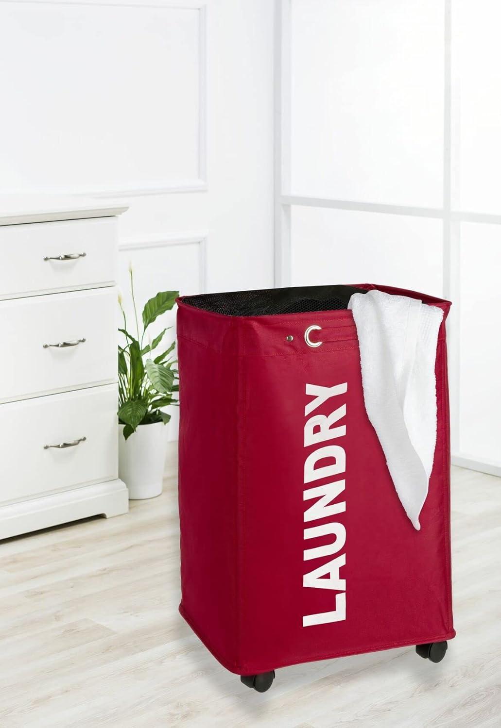 Laundry Basket with Wheels, Sorter, With Lid, Storage, Laundry Hamper, Laundry Bin, Slim red