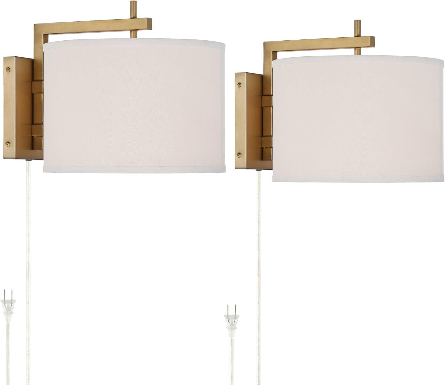 360 Lighting Adair Modern Wall Lamps Set of 2 Warm Brass Metal Plug-in 12" Light Fixture Linen Drum Shade for Bedroom Reading Living Room Hallway Home