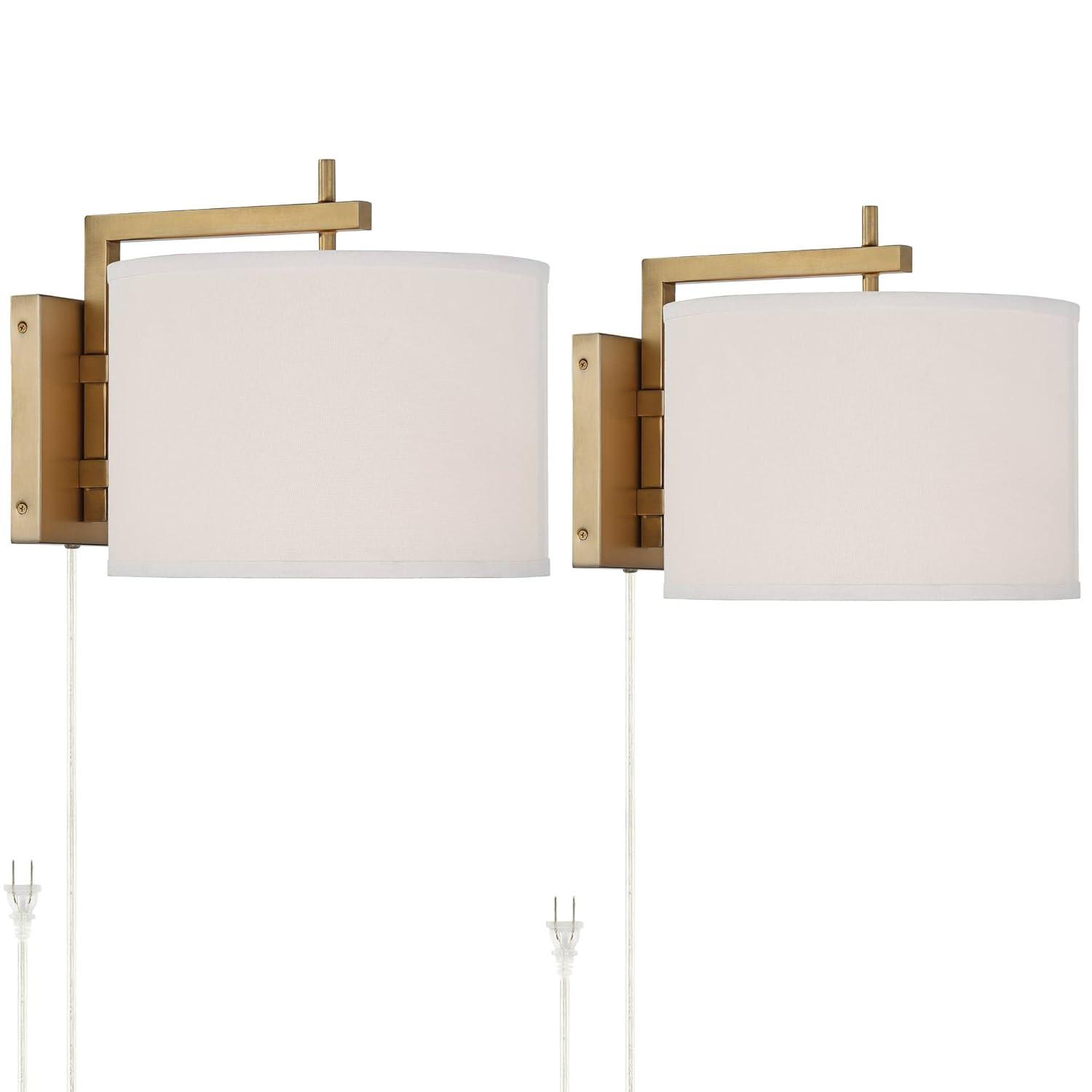 360 Lighting Adair Modern Wall Lamps Set of 2 Warm Brass Metal Plug-in 12" Light Fixture Linen Drum Shade for Bedroom Reading Living Room Hallway Home