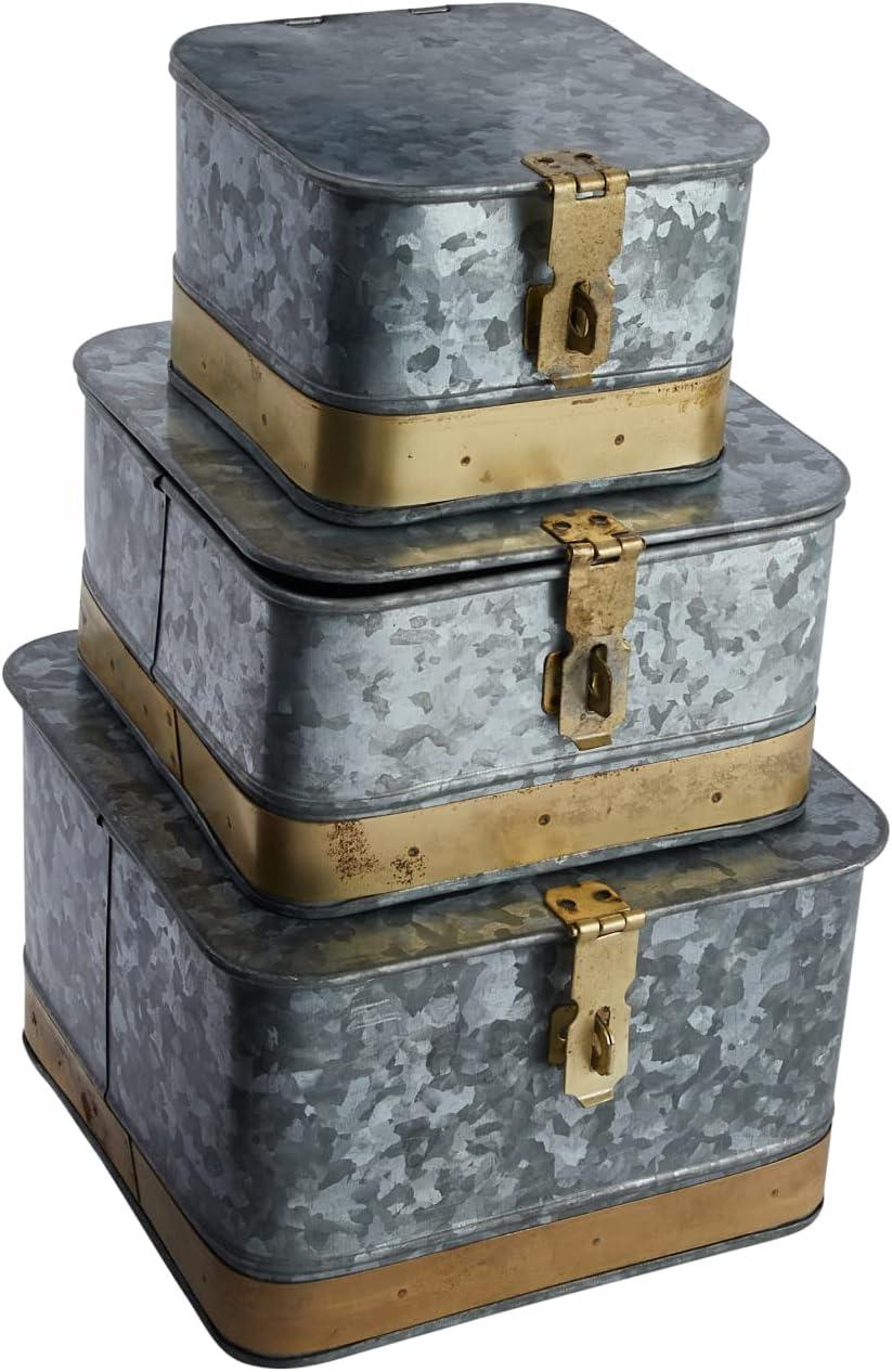 Woven Paths Decorative Galvanized Metal Boxes with Lids & Brass Accents (Set of 3 Sizes)