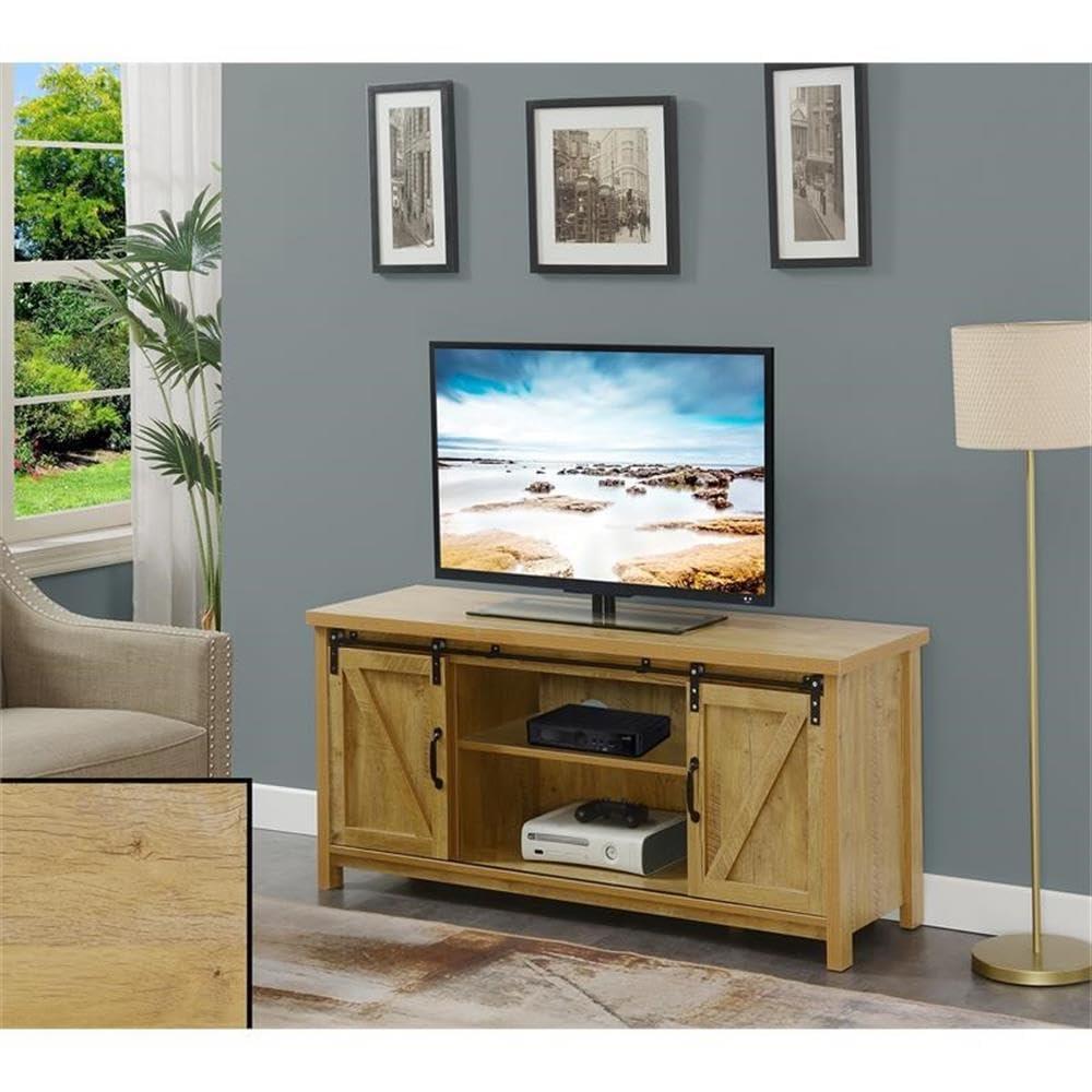 Convenience Concepts Blake Barn Door TV Stand with Shelves and Sliding Cabinets for TVs up to 60 Inches, English Oak