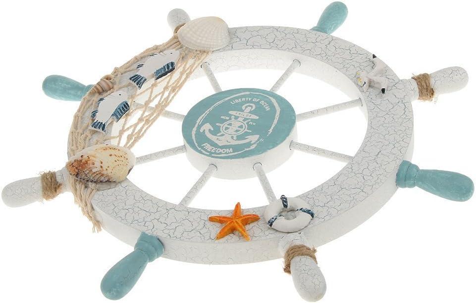 White and Blue Nautical Pine Wood Ship Wheel Decor