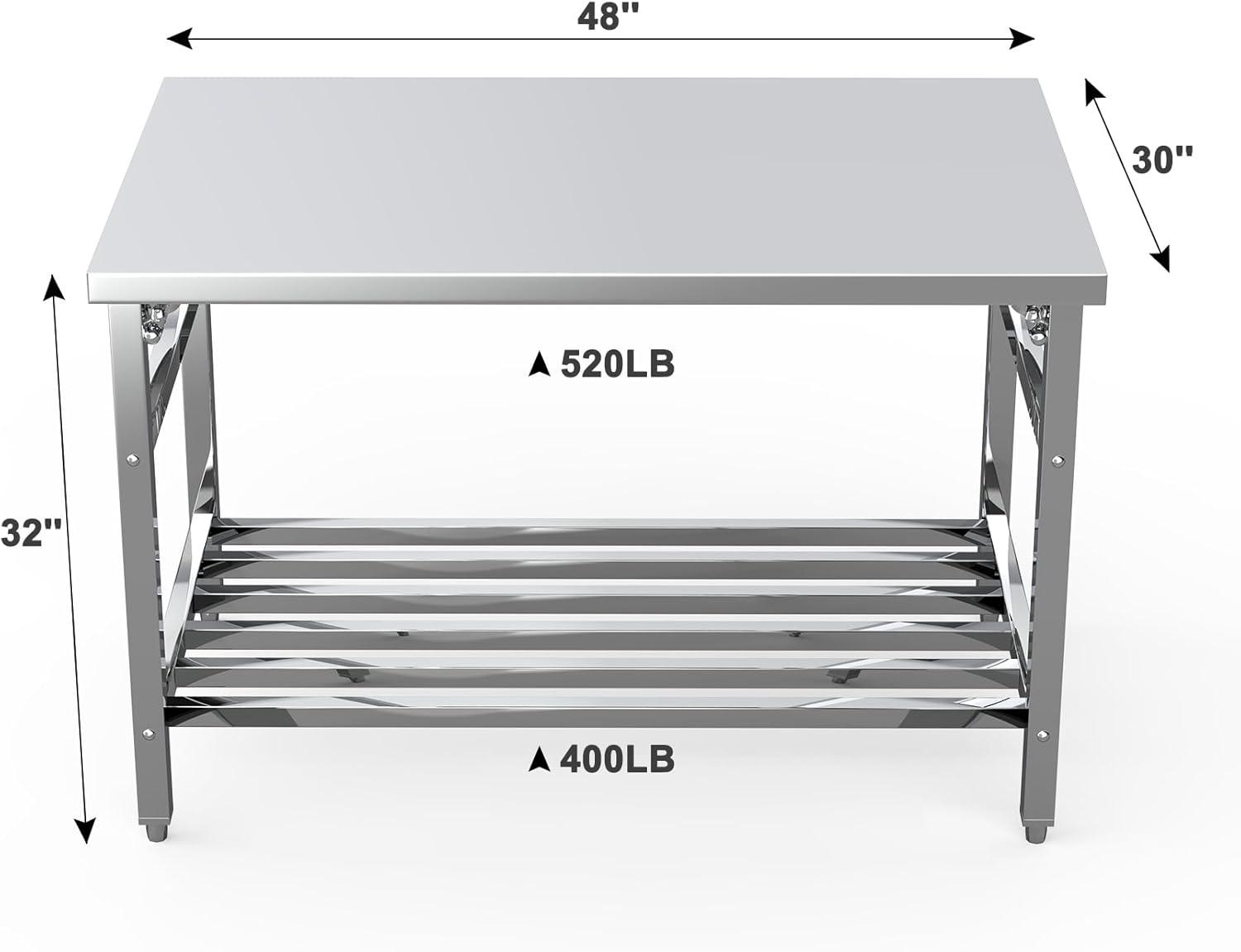 30 x 48 Inch Polished Stainless Steel Folding Work Table with Adjustable Undershelf