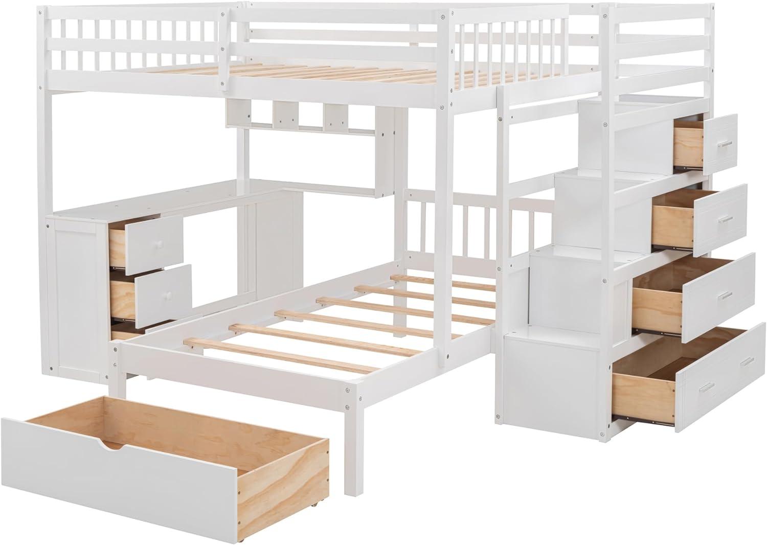 Harper & Bright Designs Full Over Twin Bunk Bed with Stairs, Storage Drawers, Full Size Loft Bed Frame with Desk and Shelves, White