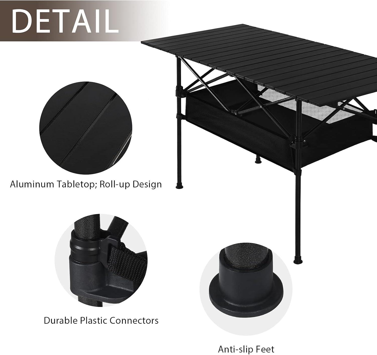 46.5" Black Aluminum Roll-Up Camping Table with Mesh Storage