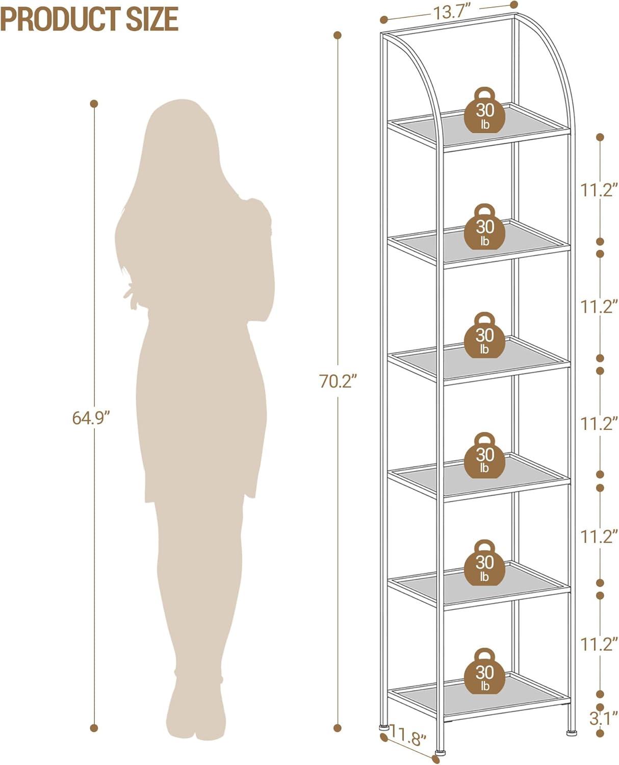 Mercer41 Bookcase Bookshelf, Tempered Glass Arched Bookshelf For More Storage, Slim Shelving Unit For Bedroom, Bathroom, Home Office, Steel Frame, 6 Tier Gold