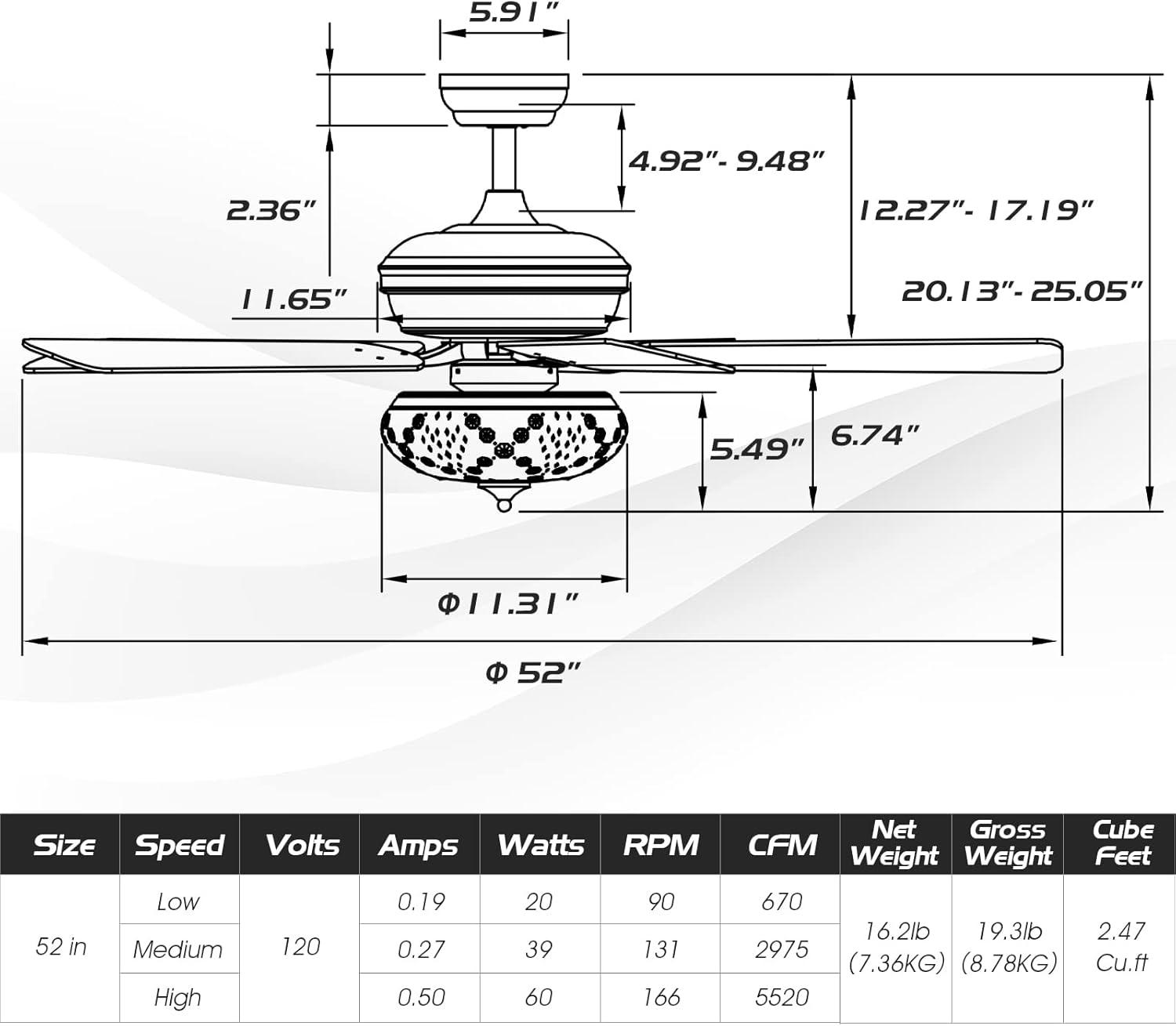 Tangkula 52" Retro Ceiling Fan w/ Remote Control 3 Wind Speeds & 5 Reversible Blades Grey