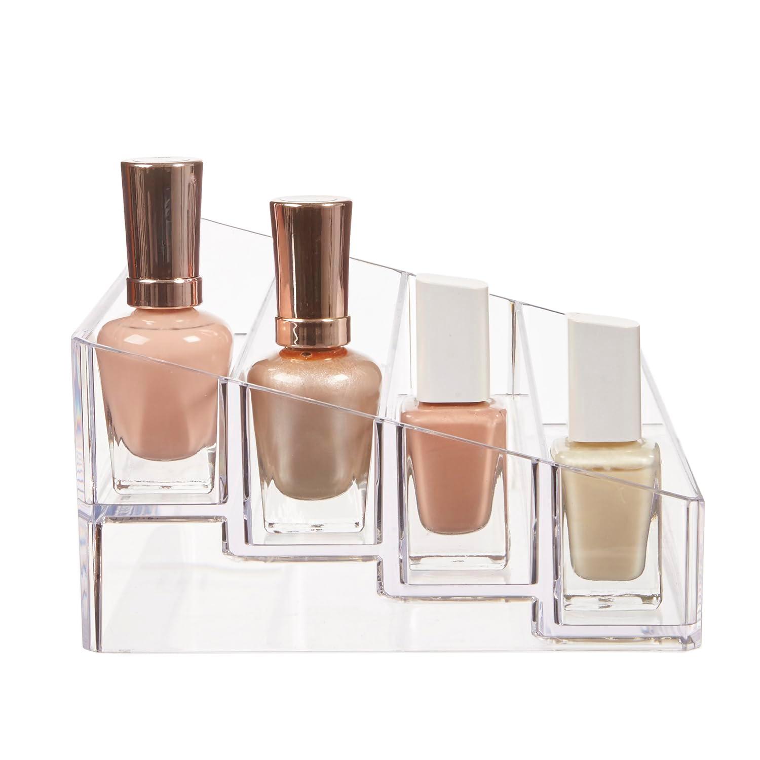 STORi Multi-Level Nail Polish Bottle Holder | Clear Plastic Organizer Rack for up to 40 Nail Polish Bottles, Rectangular 4 Tiered Vanity Display Stand for Makeup and Eyeshadow Palettes | Made in USA