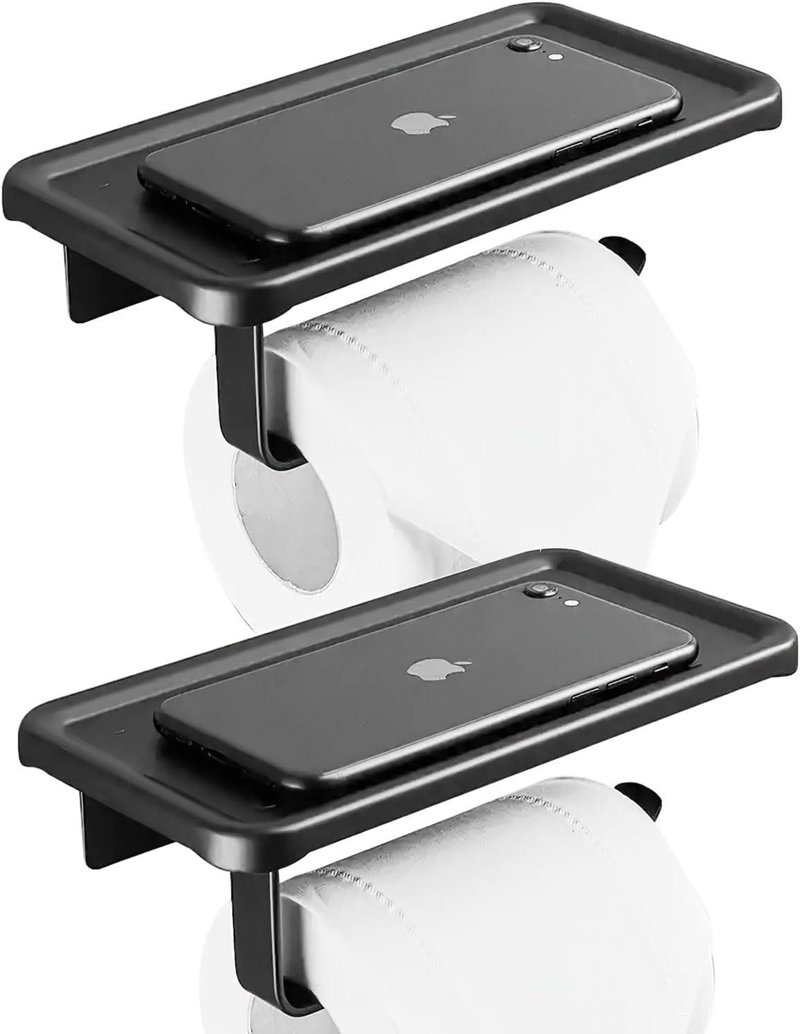 2-Piece Jasni Matte Black Toilet Paper Holder SUS304 Stainless Steel Paper Roll Tissue Holder Toilet Paper Holder with Shelf Self Adhesive Modern Wall Mounted for Bathroom & Kitchen Square Style