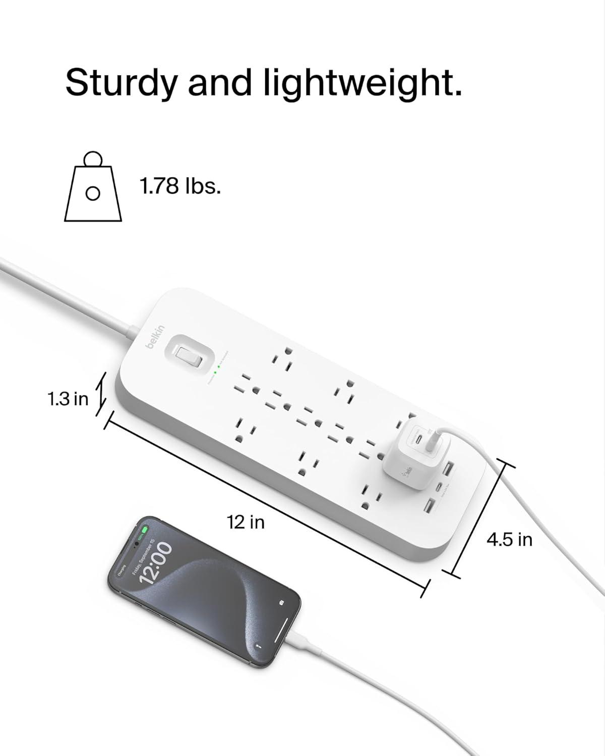 Belkin 12-Outlet Surge Protector Power Strip w/ 12 AC Outlets, 1 USB-C Port, & 2 USB-A Ports, 6ft Cable, Overload and Overvoltage Protection, and On/Off Power Switch - 4,000 Joules of Protection