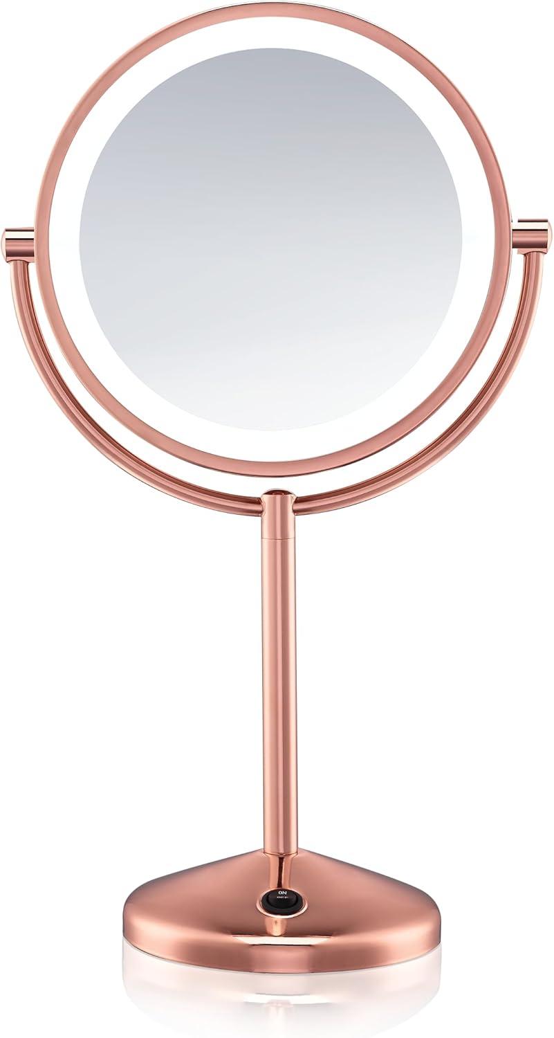 Conair Reflections Double-Sided Mirror, 1x/10x Magnification, Free Standing, Battery Operated, Rose Gold BEH17RGXR