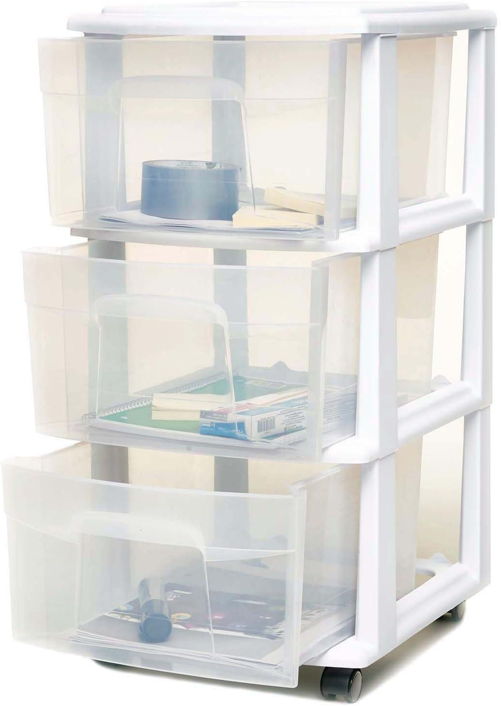 HOMZ Drawer Tower, 3-Tier Clear Plastic Storage Organizer Cart, White Frame - Heavy-Duty Organizing Drawers for Home, Bedroom, and Closet Organization