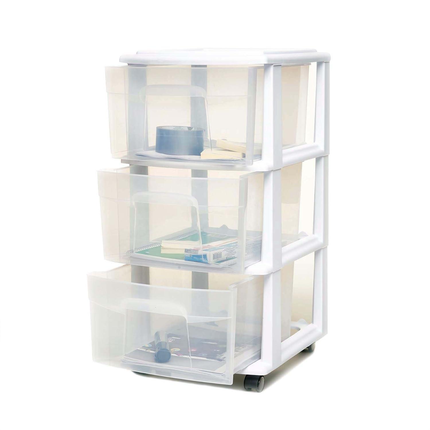 HOMZ Drawer Tower, 3-Tier Clear Plastic Storage Organizer Cart, White Frame - Heavy-Duty Organizing Drawers for Home, Bedroom, and Closet Organization