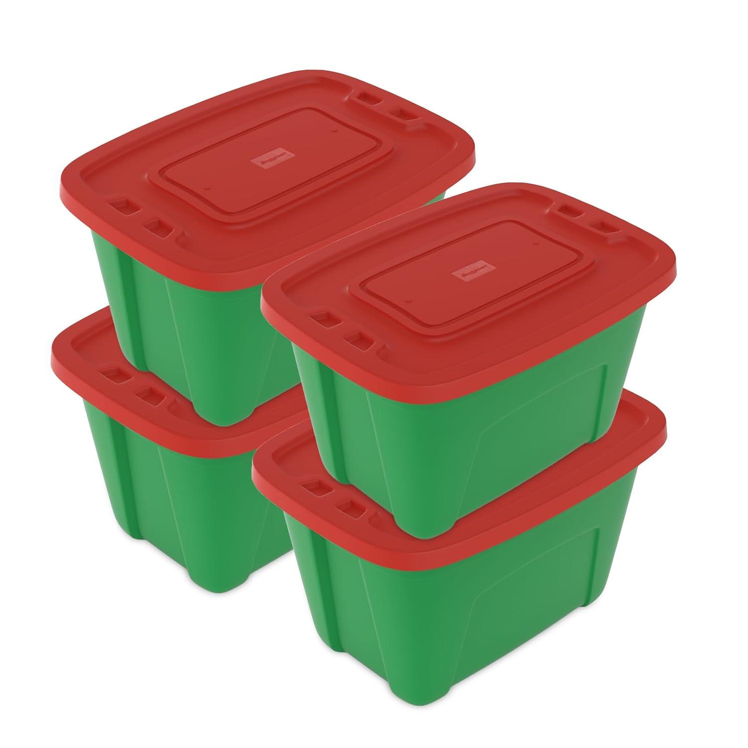 Green and Red 18-Gallon Stackable Plastic Christmas Storage Boxes with Lids (Set of 4)