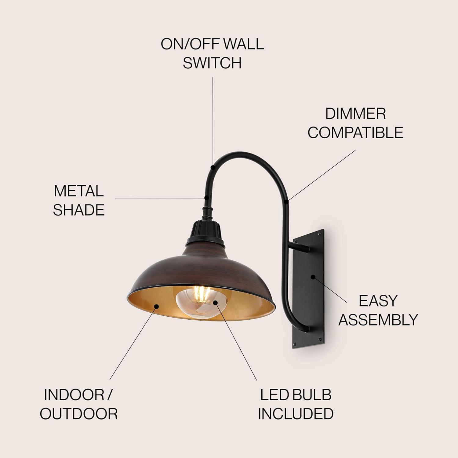 Stanley 12.25" 1-Light Farmhouse Industrial Indoor/Outdoor Iron LED Gooseneck Arm Outdoor Sconce, Wood Finish/Copper