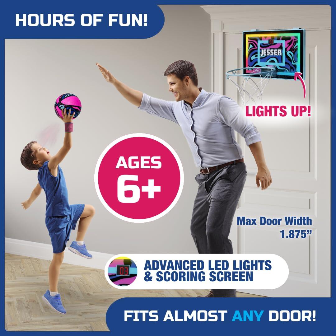 BucketSquad Jesser Hoop, Electronic over the Door Mini Digital Basketball Hoop Set with LED Lights